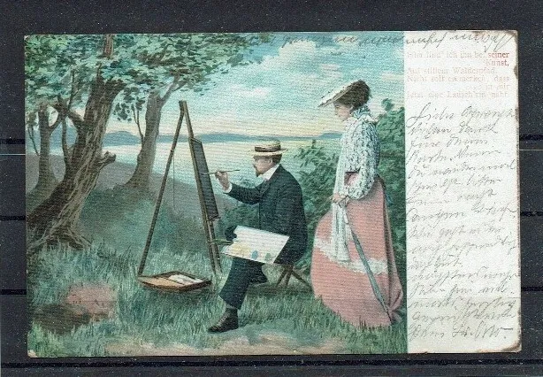 alte farbige Ak " Maler am See mit Dame "  - echt gelaufen 1905