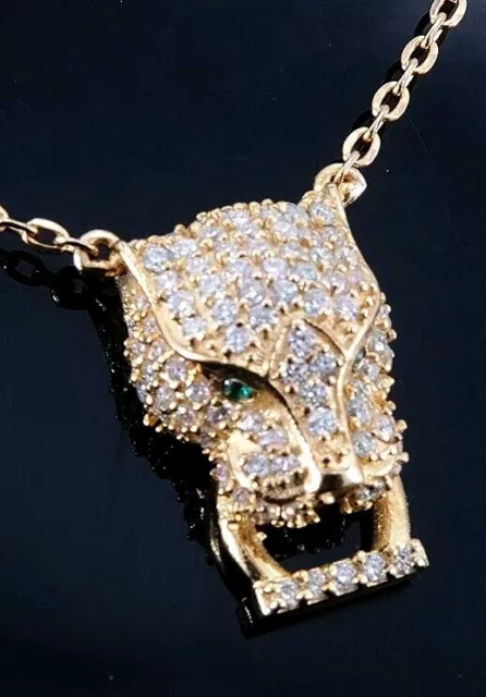 Women's Tiger Pendant with Chain, Brilliant Diamond, Emerald 750 Yellow Gold 18K New