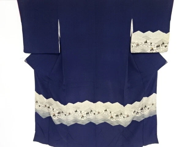 39480# Japanese Kimono / Antique Kimono / Mon Kinsha / Geometric & Trees