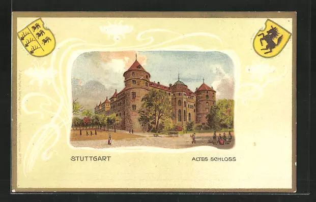 Passepartout-Künstler-AK Stuttgart, Altes Schloss mit Wappen