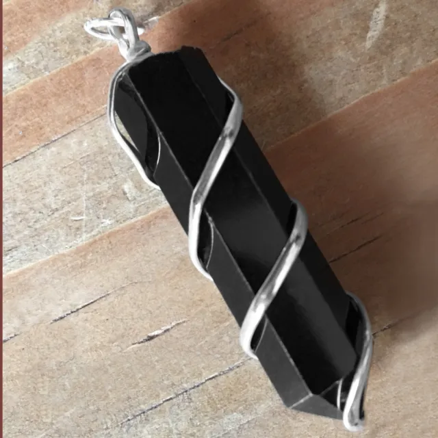 Obsidian Wire Wrap Spiral Pendant Point Chakra Crystal Silver Necklace CHARGED