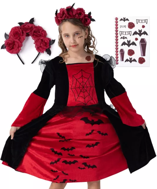 Vampir-Kostüm Set Kleid für Mädchen, Kinder, Halloween Dracula Hexe Karneval