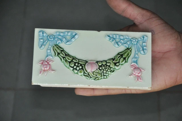 6 Pc Vintage Garland Design Majolica Art Nouveau Architecture Tiles,Japan 3