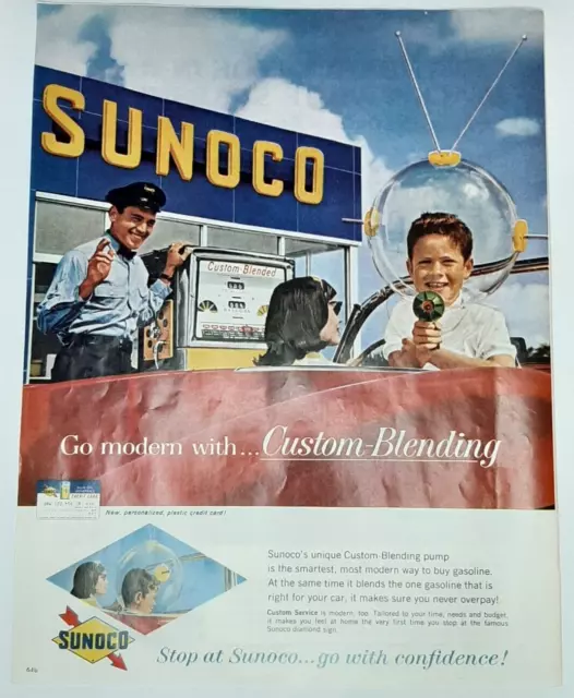 1962 Sunoco Vintage Print Ad Gasoline Gas Station Attendant Classic Diamond Sign