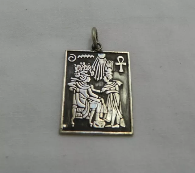 Egyptian Sterling Silver Oxidized King Tut & Queen Pendant 1.75"