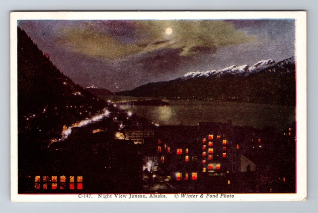 Juneau AK-Alaska, Aerial Night View Of Town, Antique, Vintage Postcard