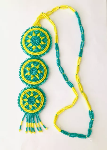 Vtg Native American Navajo Handmade Starburst 3 Medallion Bead Necklace Leather