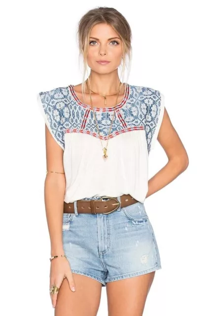 TULAROSA Embroidered Yoke MEMPHIS TOP Ivory Jersey Knit Elastic Hem Blouson S 2