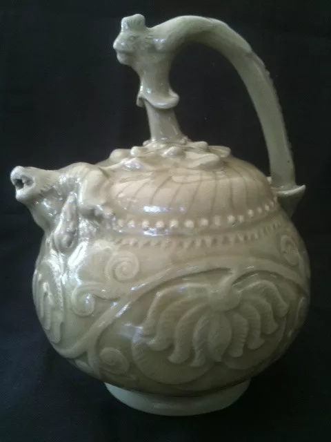 Vintage Reproduction Yaozhou Celadon Wine Pot Suckling Lion Spout Phoenix Handle