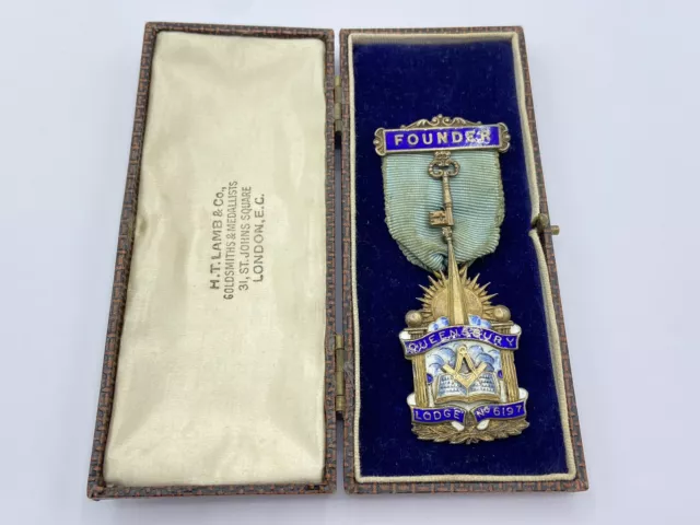 Vintage Silver Hallmarked Masonic Queensbury Lodge Founders Medal & Box