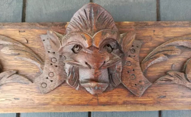 37" Antique French Wood Carved Oak Gothic Pediment Architectural Demon Head 2