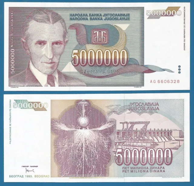 Yugoslavia 5,000,000 Dinara P 121 1993 UNC 5000000 Nicola TESLA 5 Million Dinara