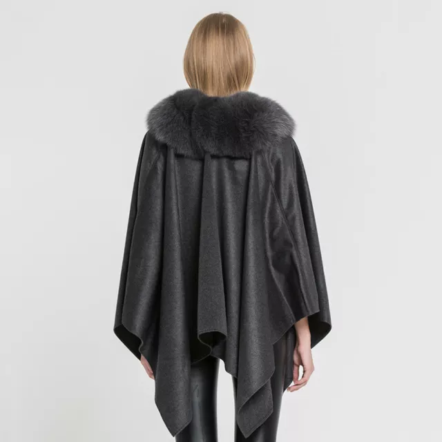 Elegante Frauen Echte Woolen Cape Mode Echt Silberfuchs Pelzkragen Neue Schal 3