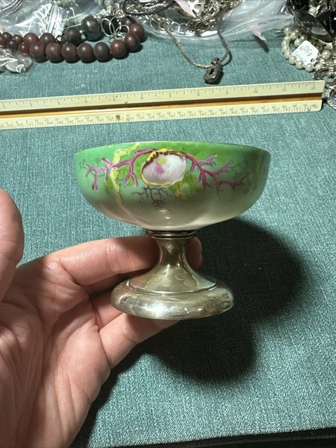 Vintage Handpainted Porcelain Coral Design Cup Sterling Base