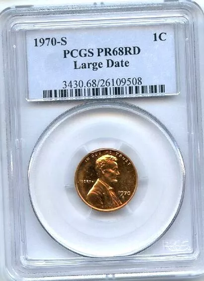 1970 S 1C Lincoln Cent PCGS PR68 RD Large Date Vivid Bright Red Coin