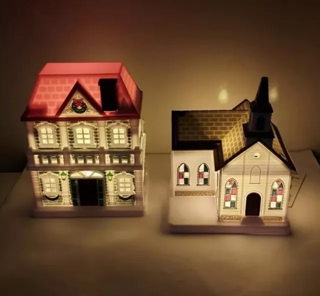 Cobblestone Corners Christmas Miniatures Lighted CHURCH & HOUSE Decor New