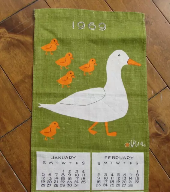 Vintage Vera Neumann 1969 Calendar Goose Duck Linen Tea Towel Vera Sign Ladybug