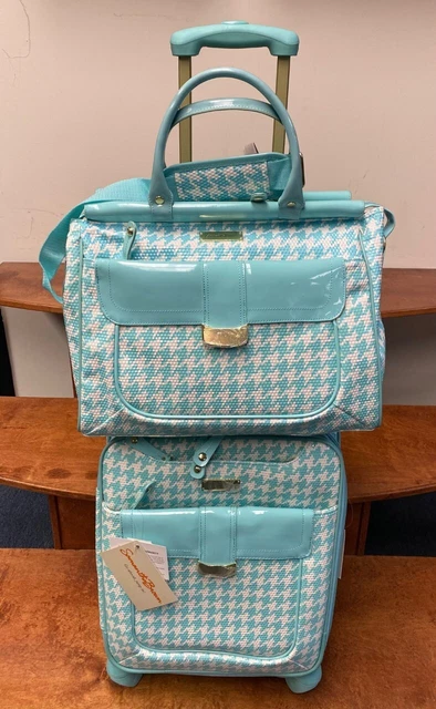 New Samantha Brown Houndstooth 2 Piece Set 20"/Tote Seafoam/White Color Spinner