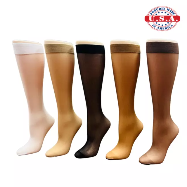 12 Pair Sheer Nylon Comfort Top Knee Highs Knee High Made In USA Choice of Color