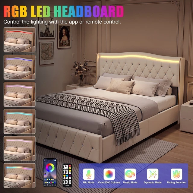 4FT6 DOUBLE LED Chesterfield Bed Frame W/ Wingback Headboard & Charging ...