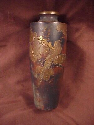 -  Japanese  7-1/4" Slender Bronze Vase, Early 20Th C, Engraved Birds/Floral Ena