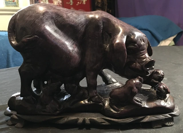 Chinese Vintage Stone Carved Pig with Babies Heavy  Quality Detail Rare
