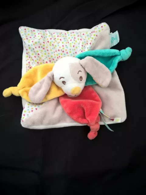 doudou plat chien gris rouge jaune bleu diablotin BABY NAT bn922 tbe