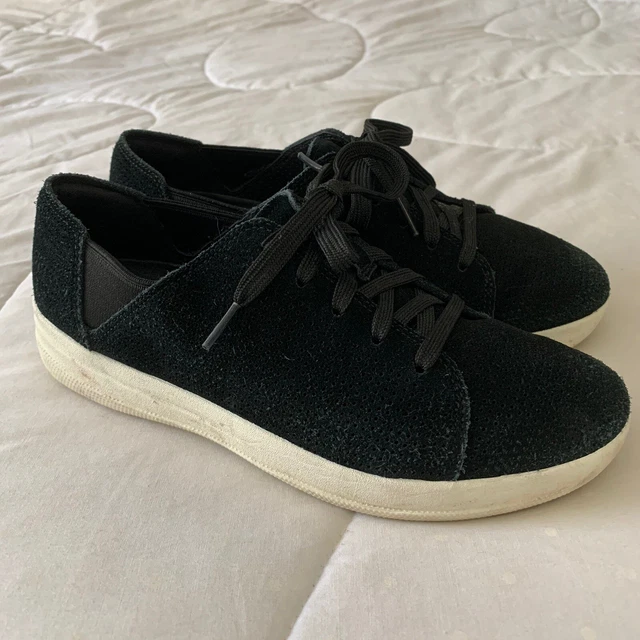 Fitflop Women 7.5 Black White Suede Leather Lace Up Comfort Shoes Sneakers