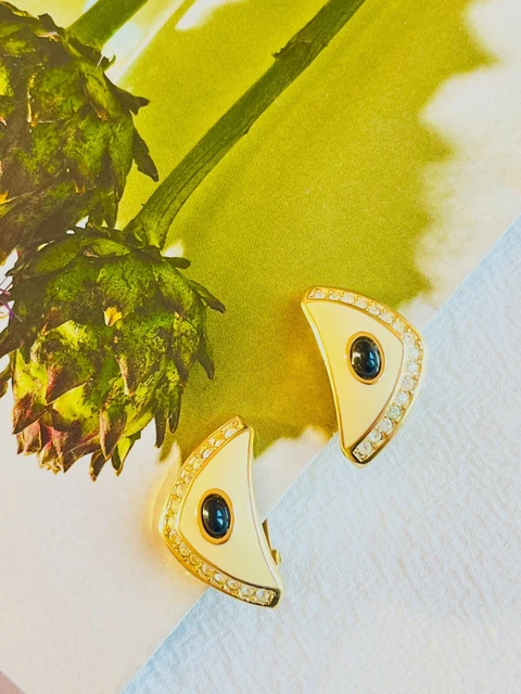 Christian Dior Vintage 1980s Large Beige Black Crystals Triangle, Earrings Gold