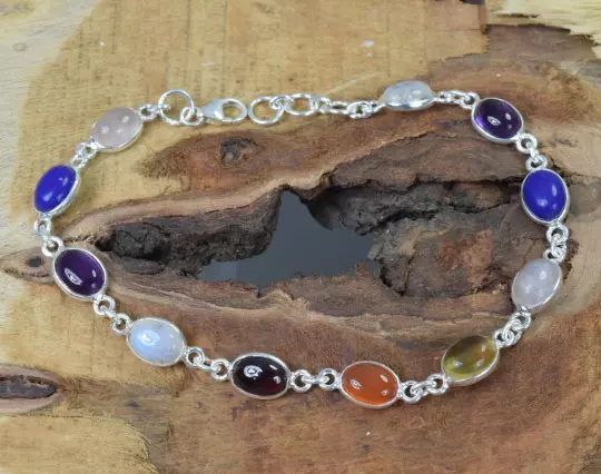 Chakra 925 Solid Sterling Silver Multi Stone Bracelet