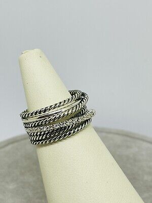 David Yurman Sterling Silver 925 Crossover Wide Ring with Pave Diamonds Size 7.5
