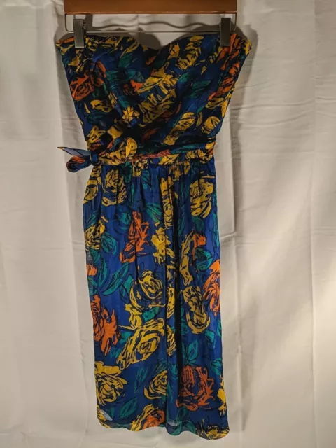 Rare Vintage Albert Nipon Boutique Silk Strapless Dress Blue Floral Pleated 12