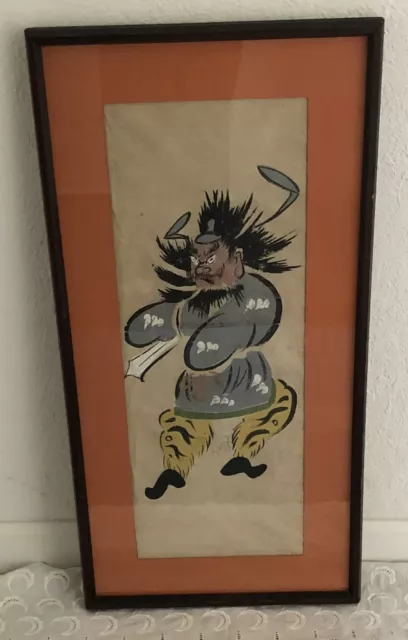 Vintage Otsu-e Woodblock Print Japanese Warrior Folk Art Framed Mat Under Glass 3