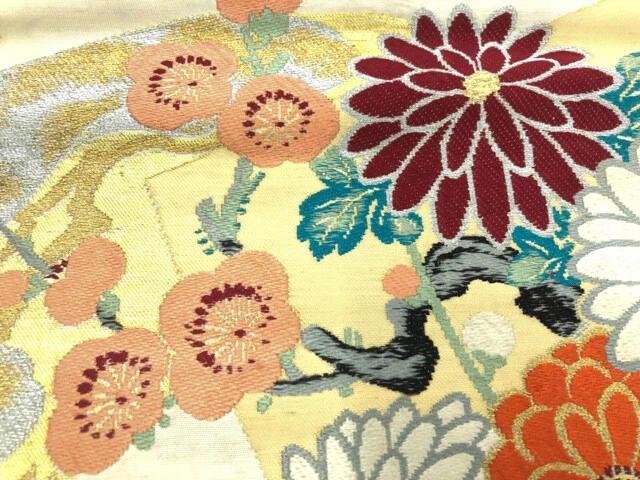 6429575: Japanese Kimono / Antique Nagoya Obi / Woven Ume Blossoms & Chrysanthem