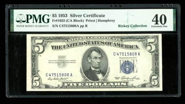 DBR $5 1953 Silver Fr. 1655 CA Block PMG XF-40 Serial C47515808A
