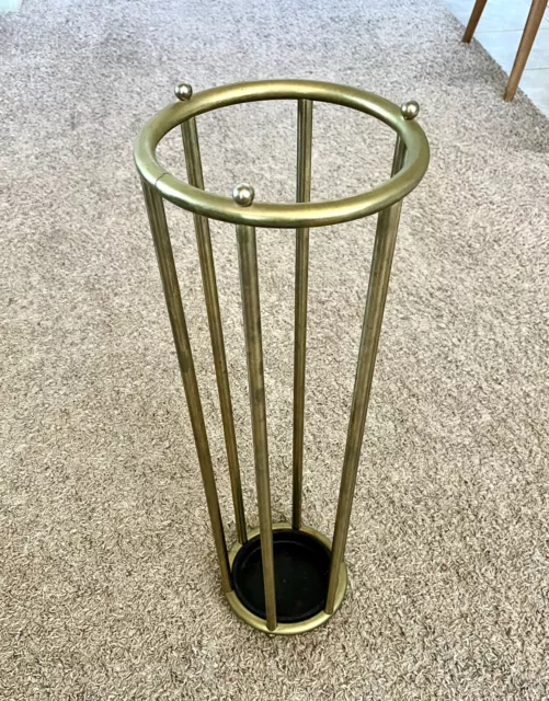 Vintage 24” Brass Round Umbrella/Cane Stand Holder w/ Cast Iron Base