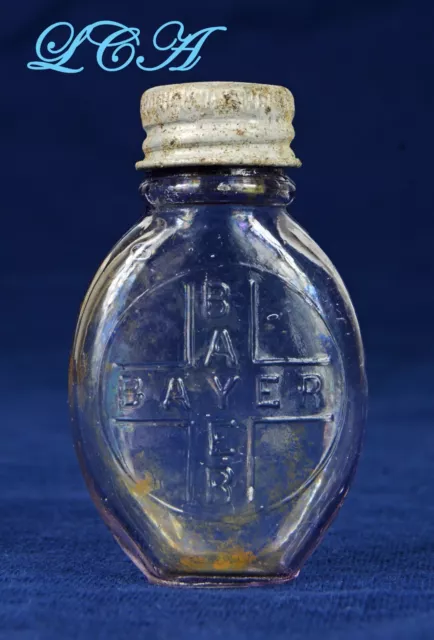 Old BLOWN GLASS antique BAYER bottle HEROIN aspirin w/ 1904 CROSS clean ORIGINAL 2