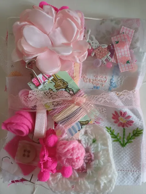 Pretty Pinks,  Slow Stitch Kit/ Junk Journal Sewing Craft Scrap  Bundle. (3)