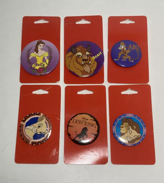 Lot of 6 Disney Button Pins Lion King Beauty And The Beast Abu