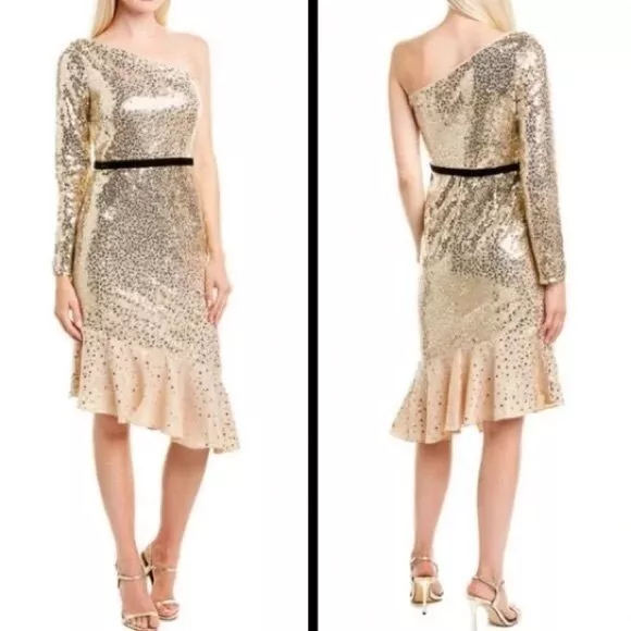 NWT Marchesa Notte Gold Sequin Ruffle Asymmetric One Shoulder Cocktail Dress 14