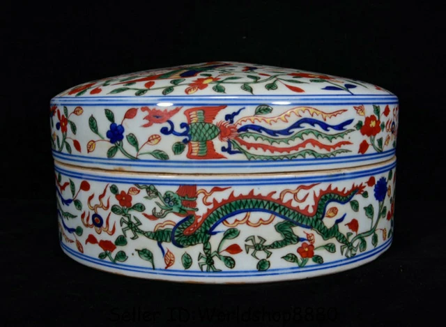11.6" Wanli Marked Old China Wucai Porcelain Dynasty Dragon Phoenix Jewelry box