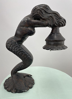 Large Cast Aluminum Mermaid Statue in Mid Dive Position Holding Light Fixture