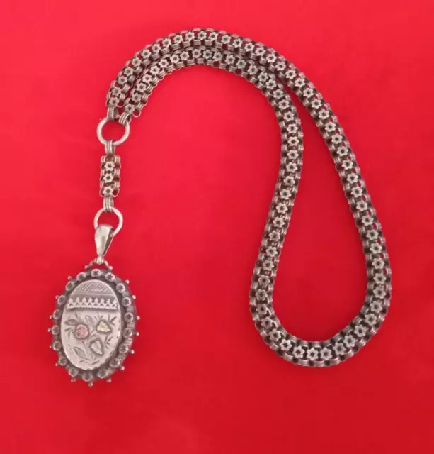 antique VICTORIAN STERLING SILVER BOOK CHAIN NECKLACE & LOCKET w/GOLD INLAY antique VICTORIAN STERLING SILVER BOOK CHAIN NECKLACE & LOCKET w/GOLD INLAY
