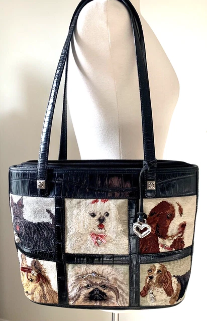 BRIGHTON VTG Black Leather Patch Needlepoint DOG LOVERS Handbag Purse Tote EXC