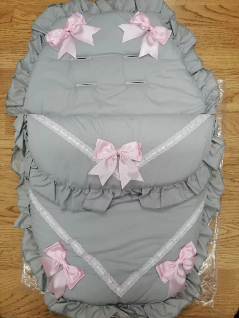 Baby Mädchen grau & rosa Luxus großes Band Fuß Muff gemütliche Zehen Kinderwagen Nest