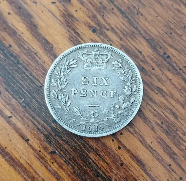 1884 Queen Victoria Young Head .925 Real Silver Sixpence Coin - Great Britain