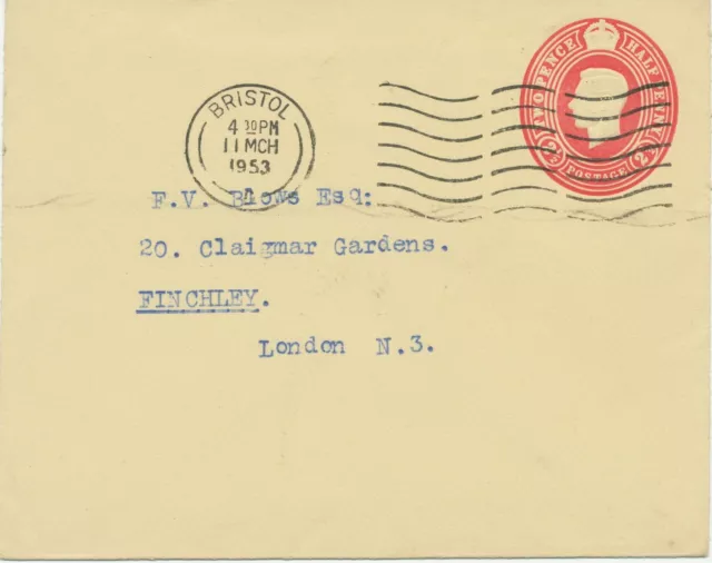 GB BRISTOL / D machine pmk superb used GVI 2 ½ D red postal stationery envelope