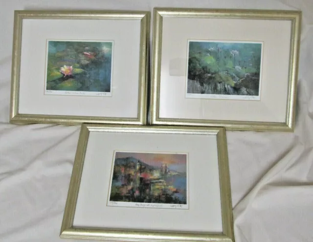 Framed Signed Limited Edition x 3 Prints Of Watercolor Lotus Flower, Lily pond +