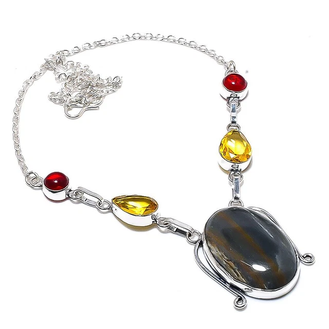 Tiger Eye, Citrine Gemstone Handmade Gift Jewelry Necklace 18" r076