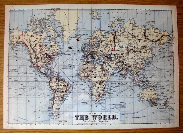 Map Reproduction On Card Of Antique World Map On Mercators Projection Of1874